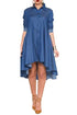 Sexy Blue Denim Collared Shirt Long Sleeved Midi Dress